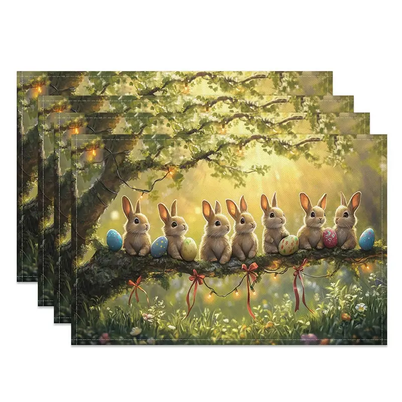 Aperturee Golden Spring Bunny Set of 4 Placemats, Rabbits on Branch, Sunny Easter Holiday Table Mats Decor