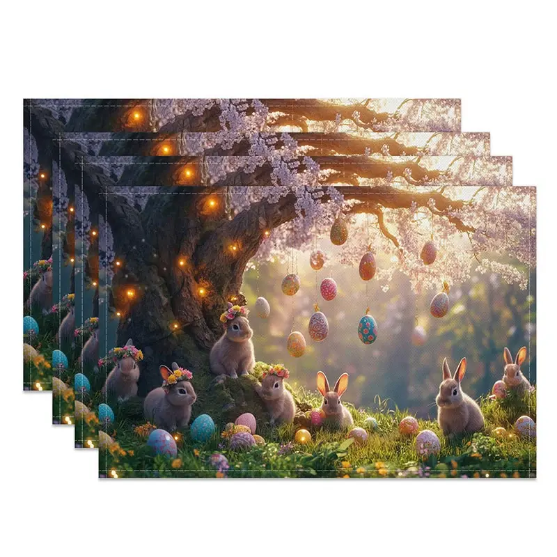 Aperturee Pink Blossom Bunny Set of 4 Placemats, Spring Flower Tree, Easter Holiday Table Mats Decor