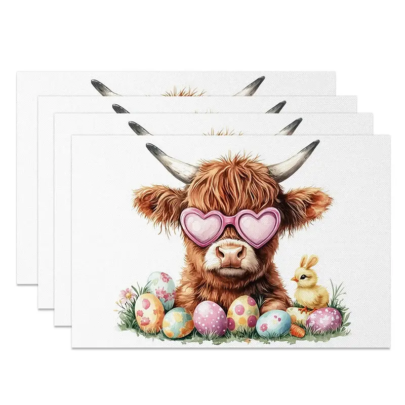 Aperturee Easter Highland Cow Set of 4 Placemats Cute Chick Colorful Eggs Table Mats Spring Holiday Kitchen Table Decoration