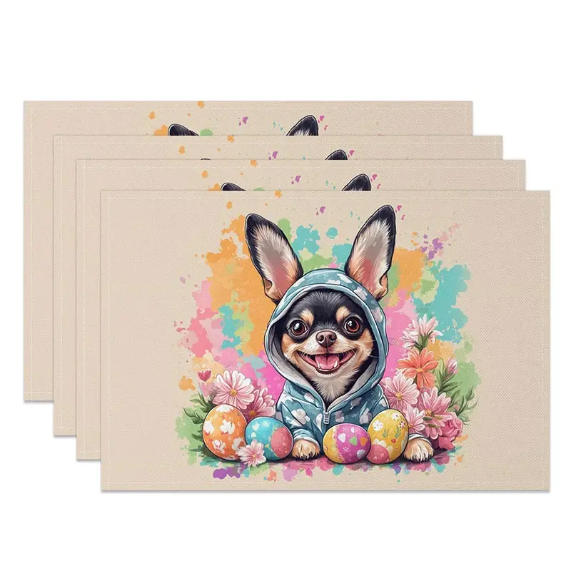 Aperturee Pink Polka Dot Dog Set of 4 Placemats, Chihuahua with Easter Eggs, Cute Puppy Table Mats Decor