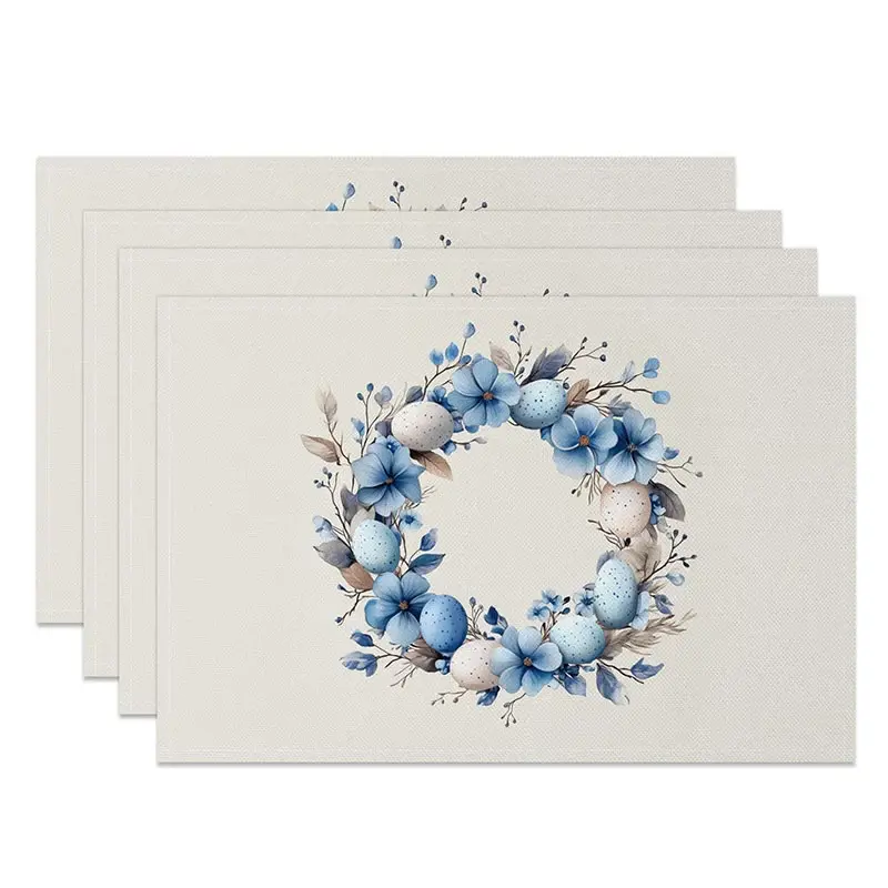 Aperturee Blue Floral Easter Egg Wreath Set of 4 Placemats Speckled Egg Spring Decoration Farmhouse Dining Table Mat Studio Prop