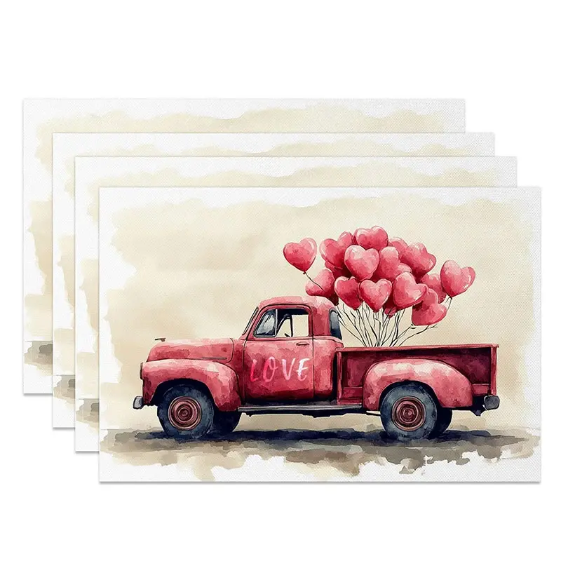 Aperturee Valentine Red Truck Heart Balloon Set of 4 Placemats Love Sign Party Decoration Rustic Romance Table Mat Photography