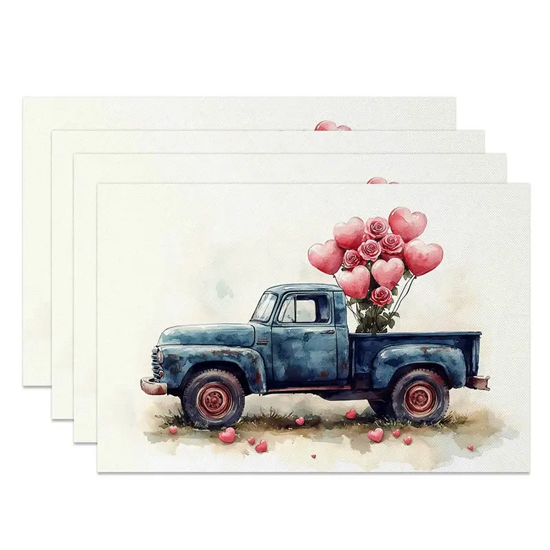 Aperturee Navy Blue Truck Rose Heart Set of 4 Placemats Romantic Balloon Valentine Decoration Watercolor Farmhouse Table Mat Studio Accessory