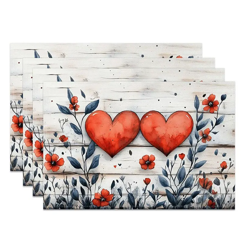 Aperturee Red Heart White Wood Set of 4 Placemats Rustic Floral Valentine Decoration Romantic Farmhouse Table Mat Photography Prop