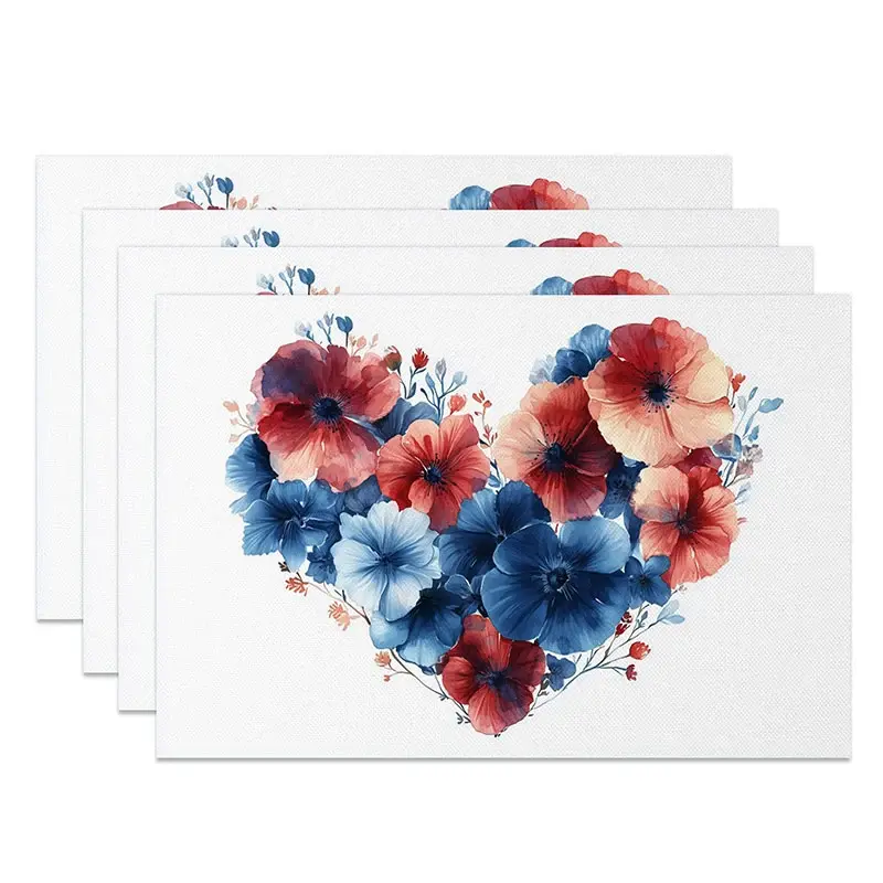 Aperturee Blue Red Floral Heart Set of 4 Placemats Watercolor Bloom Valentine Decoration Spring Garden Table Mat Photography