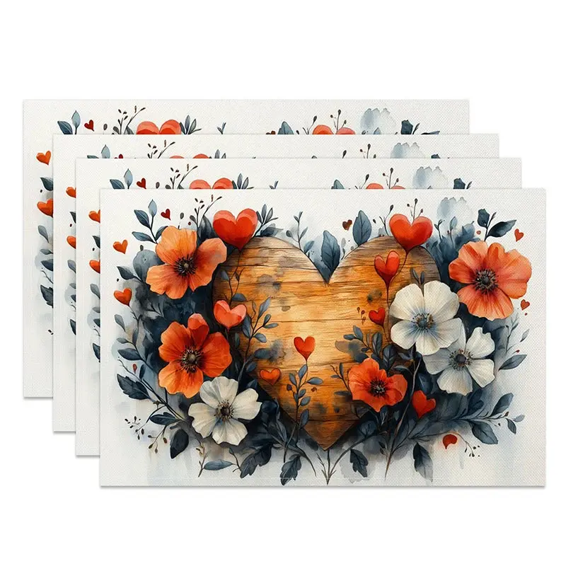 Aperturee Orange White Floral Heart Set of 4 Placemats Wooden Love Valentine Decoration Rustic Spring Table Mat Studio Accessory
