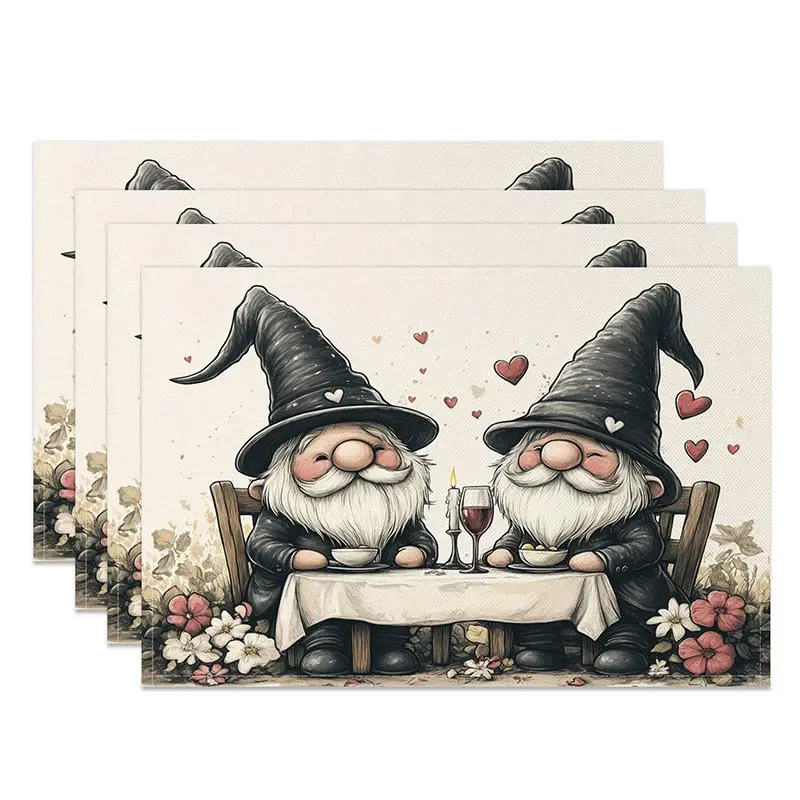 Aperturee Romantic Gnome Dinner Set of 4 Placemats Valentine Couple Decoration Candlelight Meal Table Mat Studio Accessory