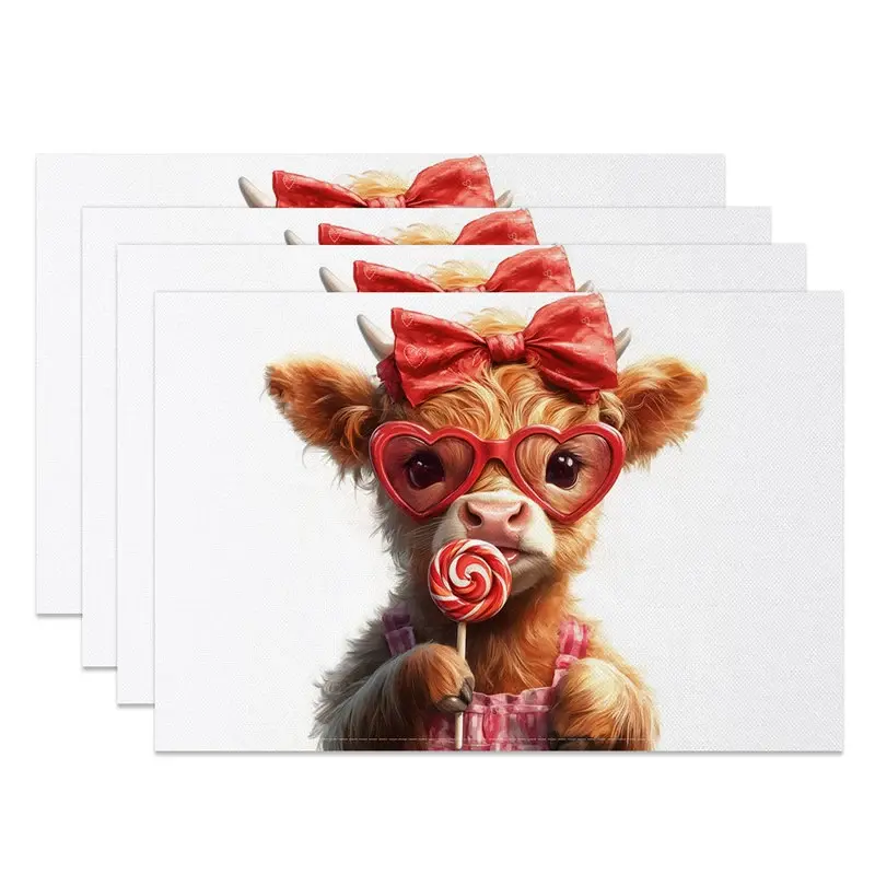 Aperturee Valentine Set of 4 Placemats Highland Cow Heart Sunglasses, Red Bow Lollipop Cute Animal Table Mats, Trendy Animal Prop