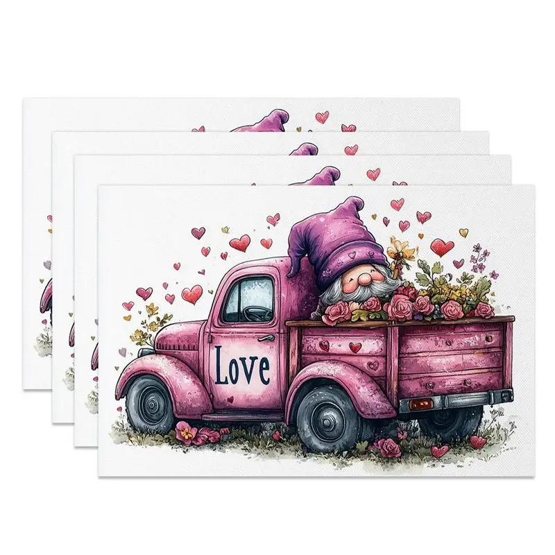 Aperturee Valentine Set of 4 Placemats Pink Truck Purple Gnome, Rustic Farmhouse Love Dining Table Mats, Whimsical Holiday Prop