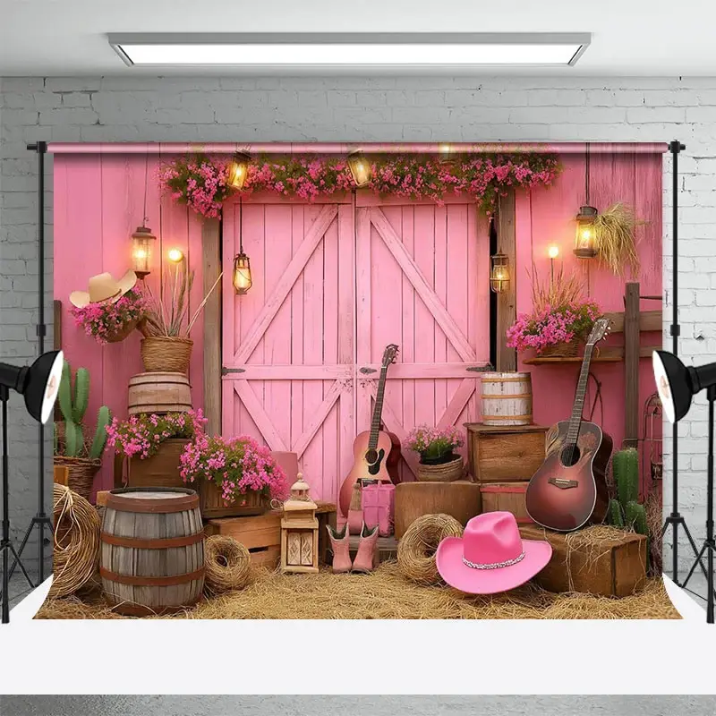 Aperturee Pink Barn Door Cowgirl Cake Smash Photo Backdrop, 3X2FT(1MX0.6M), 14 USD, birthday cake smash backdrops, LH0G877-M