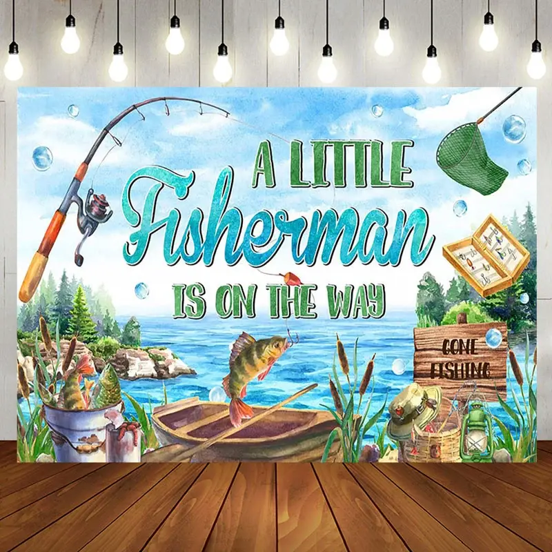Aperturee Retro Lake Little Fisherman Baby Shower Backdrop | Backdrops For Baby Shower | Boy Baby Shower Backdrop | Baby Shower Photo Booth Backdrop