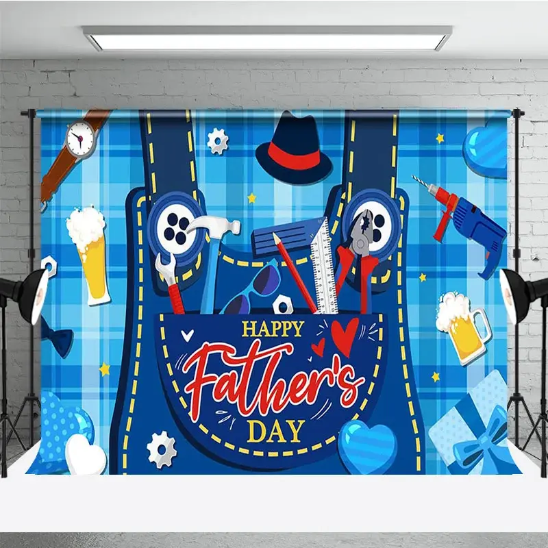 Aperturee Blue Plaid Tool Bib Pants Happy Fathers Day Backdrop, 3X2FT(1MX0.6M), 14 USD, fathers day backdrops, LHF621A-M
