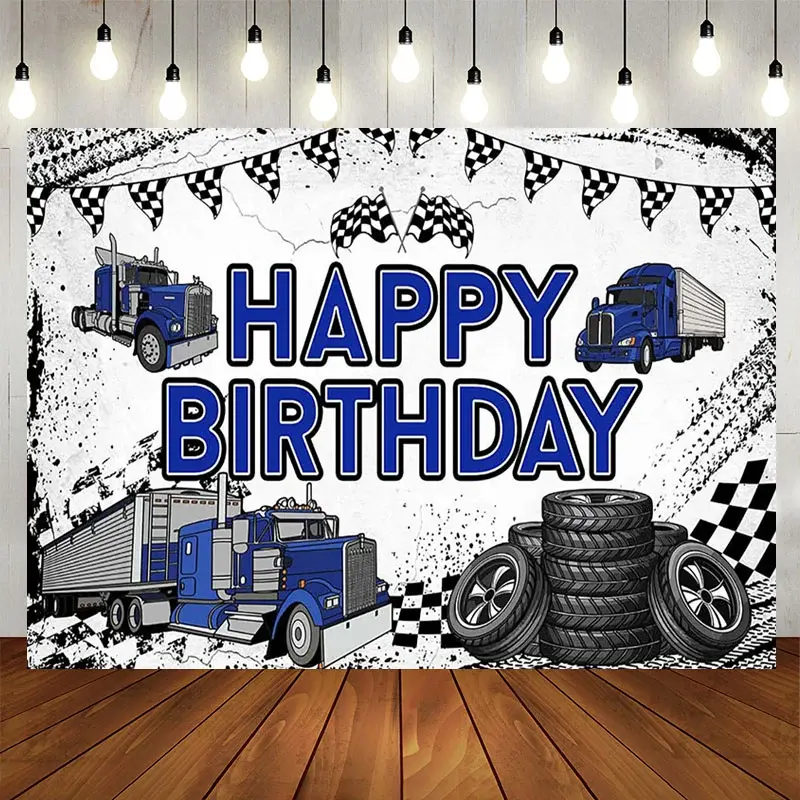 Aperturee White Blue Semi Truck Happy Birthday Backdrop For Boy, 5X3FT(1.5X1M), 15.07 USD, birthday backdrops, LHF666A-E