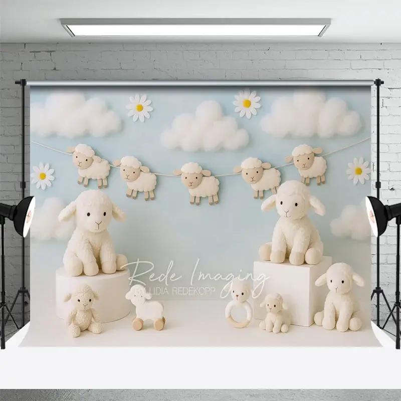 Aperturee Daisy Cloudy Floral Sheep Sweet Cake Smash Backdrop, 3X2FT(1MX0.6M), 14 USD, birthday cake smash backdrops, LRHD1L04-M