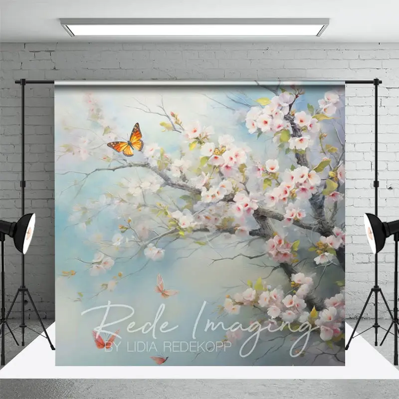 Aperturee Elegant Pink Flowers Butterflies Photography Backdrop, 3X2FT(1MX0.6M), 14 USD, floral backdrops, LRHD2K62-M