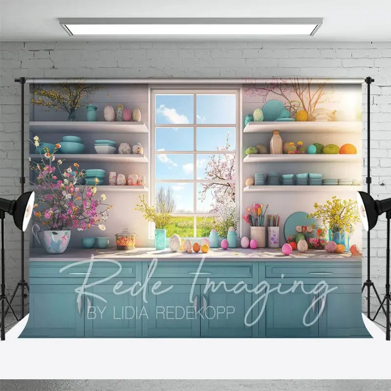 Aperturee Spring Vibe Moody Teal Easter Kitchen Photo Backdrop, 3X2FT(1MX0.6M), 14 USD, easter backdrops, LRHD2K74-M