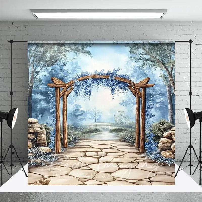 Aperturee Trees Blue Floral Arch Stone Floor Photo Backdrop, 3X2FT(1MX0.6M), 14 USD, spring backdrops, LRHD2K91-M