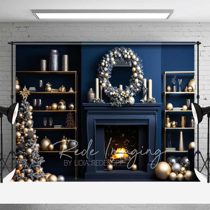 Aperturee Modern Luxury Christmas Backdrop, Navy Blue Wall Gold Ornaments Fireplace Photo Background, Indoor Studio