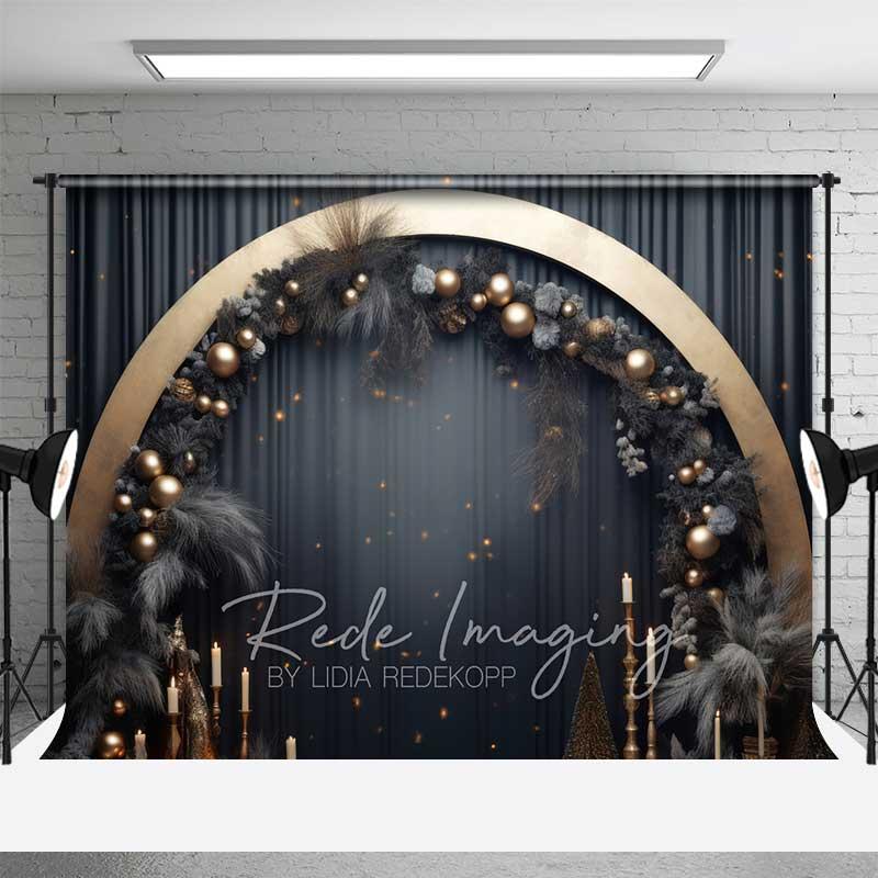 Aperturee Elegant Black Gold Christmas Backdrop, Circular Arch Pampas Grass Ornaments Dark Curtain Photo Background, Studio Glamour