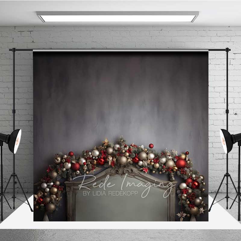 Aperturee Vintage Christmas Headboard Backdrop, Dark Grey Wall Elegant Ornament Garland Bed Photo Background, Fine Art
