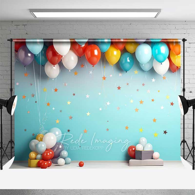 Aperturee Colorful Balloons Cake Smash Photography Backdrop, Teal Wall with Stars, First Birthday Party Studio Photo Prop, 3x2ft (WxH), 14