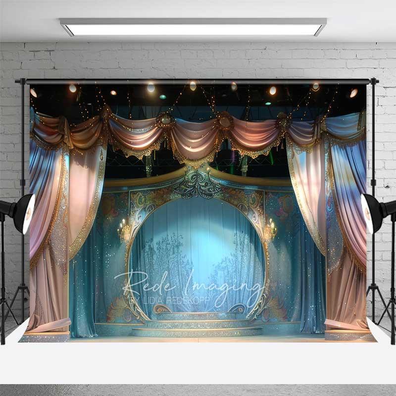 Aperturee Enchanted Theater Stage Photography Backdrop, Fairytale Scenery with Blue and Gold Curtains, Magical Show Photo Prop, 3x2ft (WxH), 14
