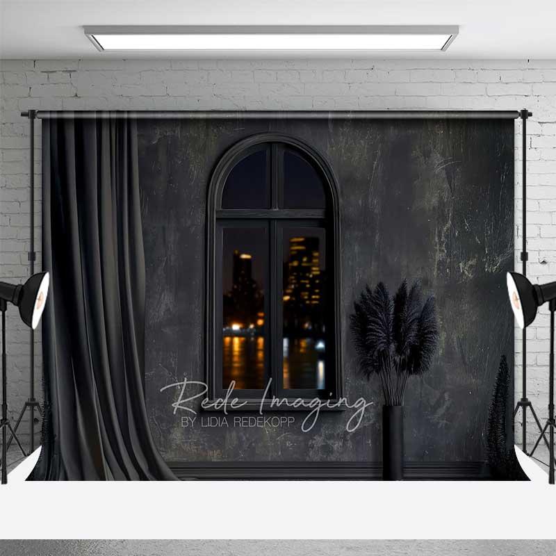 Aperturee Modern Black Room Photography Backdrop, Arched Window with City Night View, Dark Moody Interior Studio Photo Prop, 3x2ft (WxH), 14