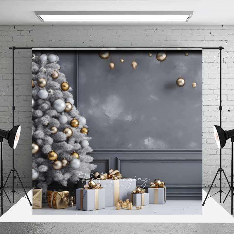 Aperturee Minimalist Christmas Photography Backdrop, White Tree with Gold Ornaments, Modern Gray Wall Holiday Photo Prop, 3x2ft (WxH), 14