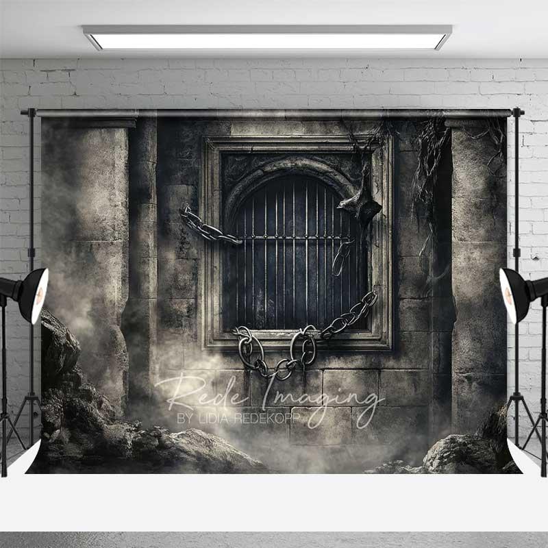 Aperturee Gothic Dungeon Window Photography Backdrop, Spooky Castle Cell with Chains, Moody Halloween Haunted House Prop, 3x2ft (WxH), 14