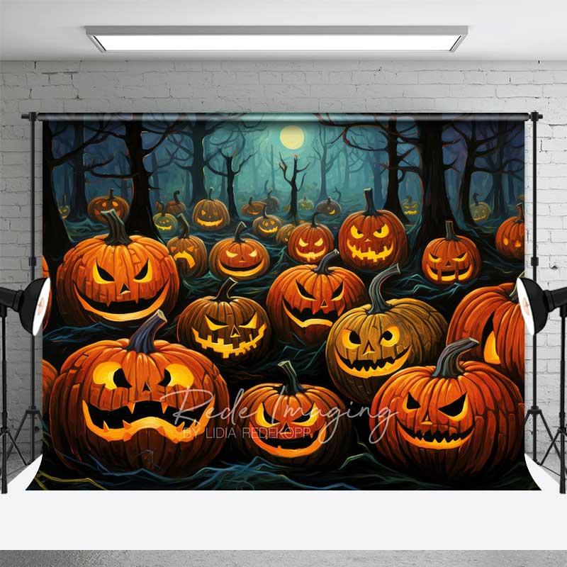 Aperturee Jack O' Lantern Forest Photography Backdrop, Spooky Carved Pumpkins in the Woods, Dark Halloween Night Photo Prop, 3x2ft (WxH), 14
