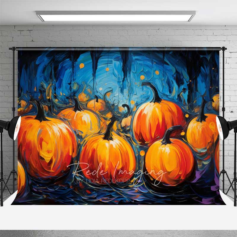 Aperturee Abstract Pumpkin Patch Oil Painting Backdrop, Moody Blue and Orange Halloween, Fine Art Style Photography Prop, 3x2ft (WxH), 14