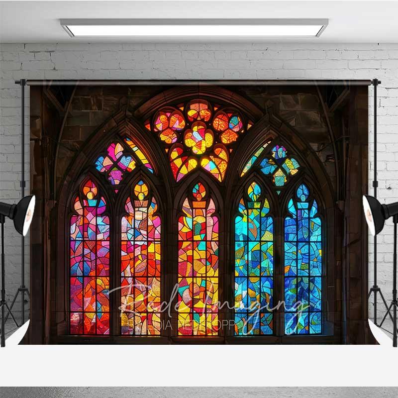 Aperturee Colorful Stained Glass Window Photography Backdrop Architecture Studio Prop Church Decoration Professional Photography Background