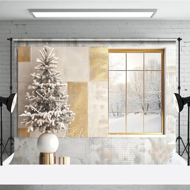 Aperturee Modern Christmas Photography Backdrop, Window with Snowy Scene and Frosted Tree, Neutral Holiday Studio Photo Prop, 3x