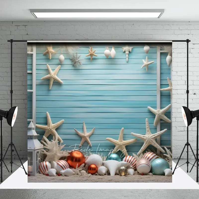 Aperturee Coastal Christmas Photography Backdrop, Beach Theme with Starfish and Ornaments, Blue Wood Wall Holiday Photo Prop, 3x