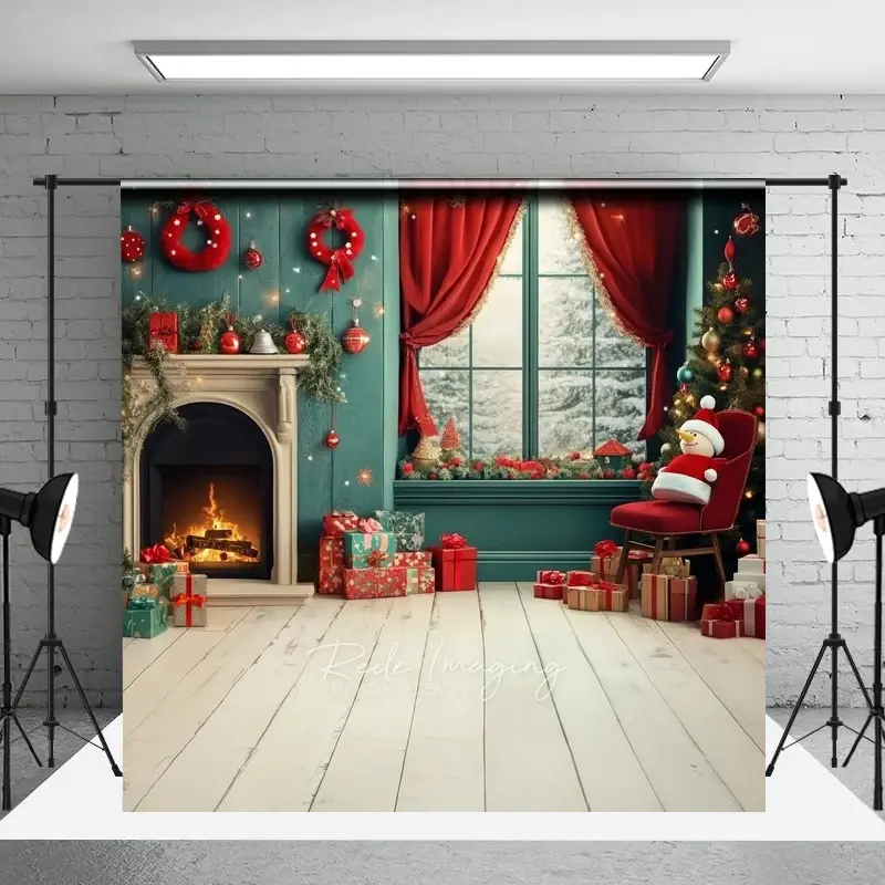 Aperturee Christmas Fireplace Sweep Photo Backdrop, Cozy Room with Snowman and Gifts, Teal and Red Holiday Studio Prop, 3x