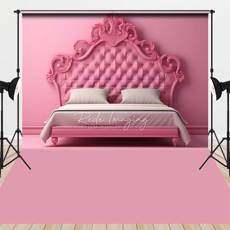 Aperturee Pink Princess Headboard and Floor Combo Set Backdrop, Ornate Rococo Tufted Bed, Fairytale Bedroom Photo Prop, 7 x 5 ft / 7 x 5 ft, 97.4 US