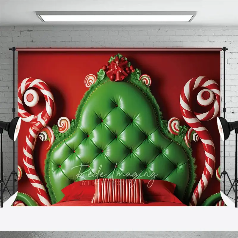 Aperturee Whimsical Christmas Headboard Photography Backdrop, Red and Green Tufted Bed, Candyland Themed Photo Prop Decor, 3x