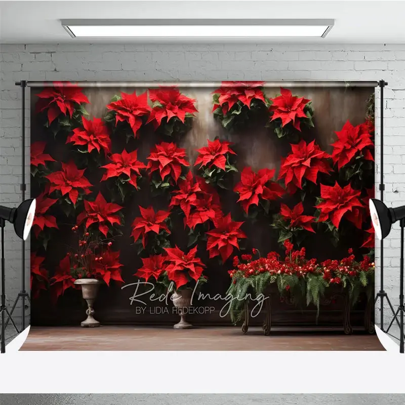 Aperturee Vintage Christmas Wall Photography Backdrop, Red Poinsettia Flowers on a Moody Wall, Holiday Studio Photo Prop, 3x