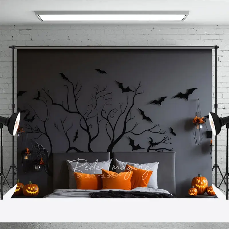 Aperturee Spooky Tree Branch Headboard Photography Backdrop, Gothic Halloween Bedroom with Bats, Moody Dark Photo Prop, 3x