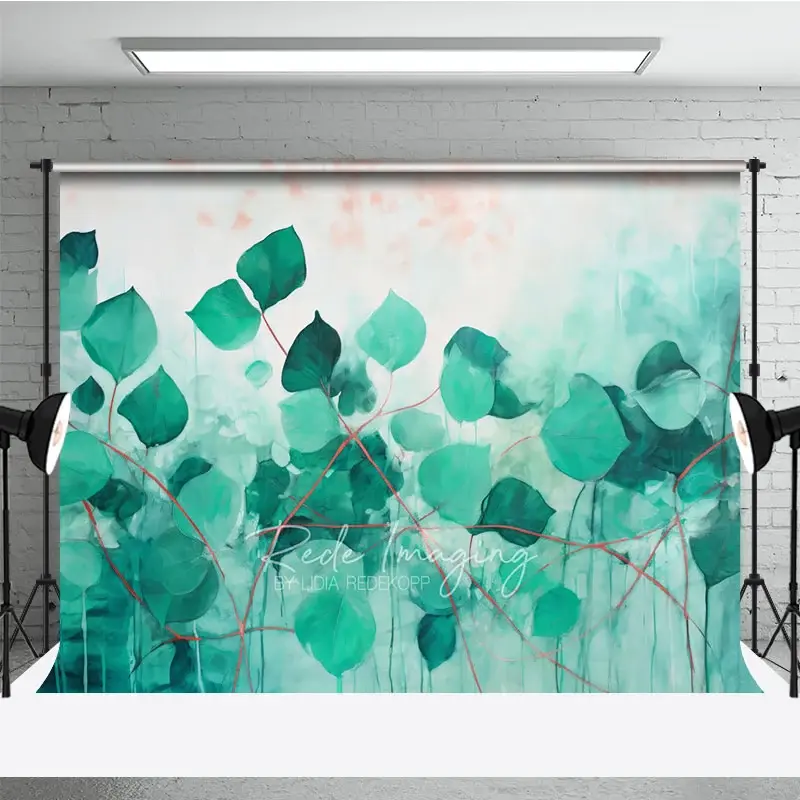Aperturee Green Teal Leaves Abstract Art Backdrop Watercolor Plant Red Stems Photography Background Studio