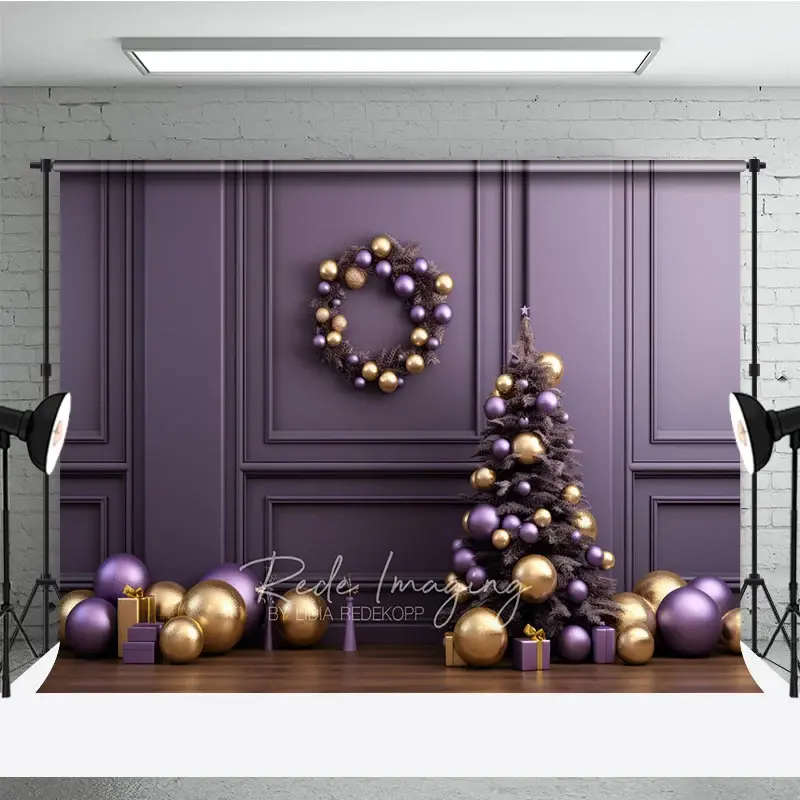Aperturee Elegant Christmas Photography Backdrop, Purple and Gold Ornaments with Xmas Tree, Modern Holiday Studio Photo Prop, 3x