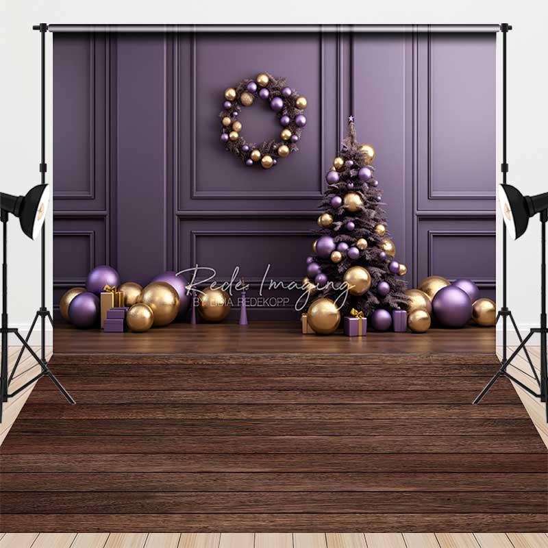 Aperturee Elegant Christmas and Floor Combo Set Backdrop, Purple and Gold Ornaments with Xmas Tree, Holiday Photo Prop, 7 x 5 ft / 7 x 5 ft, 97.4 US