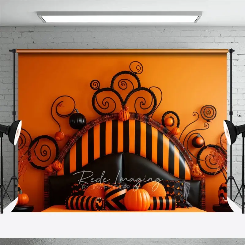 Aperturee Whimsical Halloween Headboard Photography Backdrop, Orange and Black Stripe Bed, Spooky Fun Bedroom Photo Prop, 3x