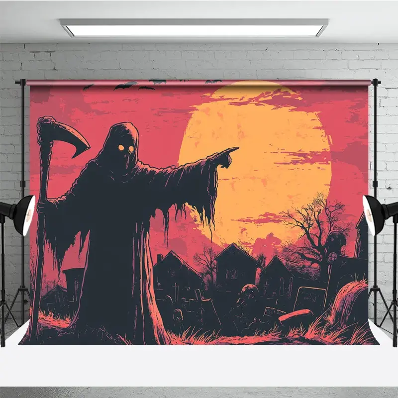 Aperturee Grim Reaper in Graveyard Photography Backdrop, Comic Art Full Moon Scene, Spooky Halloween Photo Shoots, 3x2ft (WxH), 14 USD, halloween ba