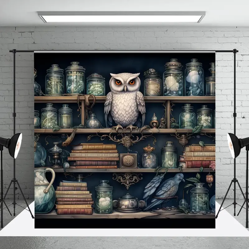 Aperturee Owl in Apothecary Photography Backdrop, Magical Wizard Shelf with Jars, Fantasy Themed Photo Shoots, 3x2ft (WxH), 14 USD, halloween backdr