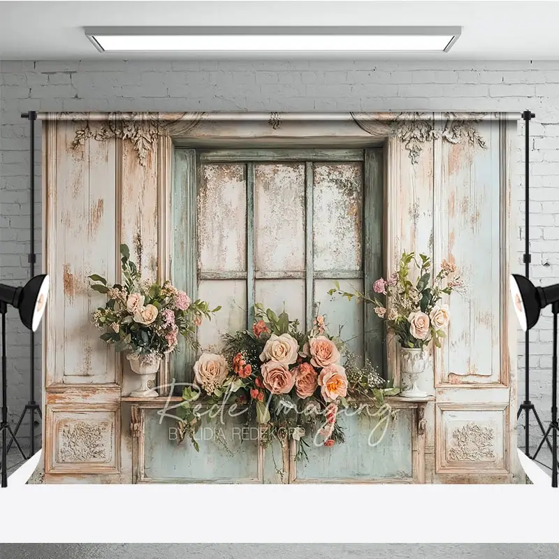 Aperturee Shabby Chic Window and Rose Photography Backdrop, Rustic French Country Floral Photo Background High-Res