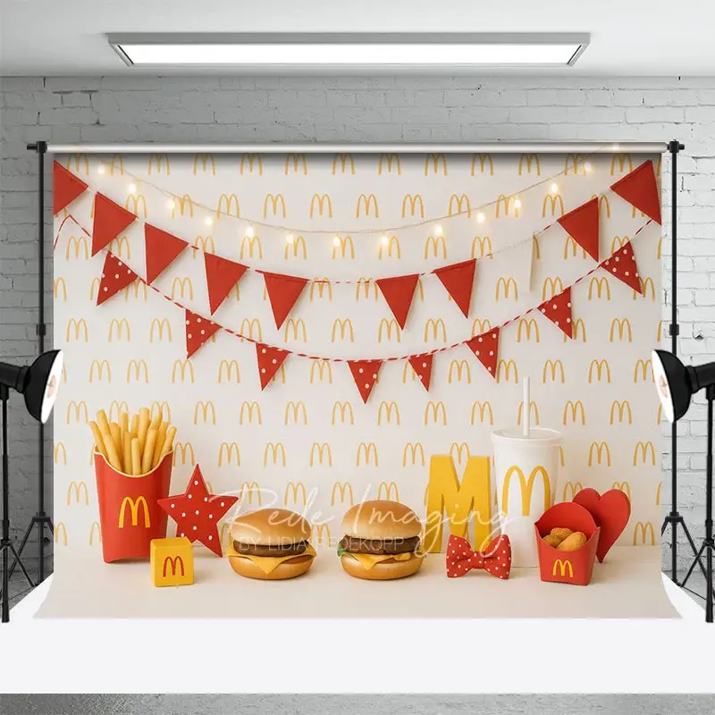 Aperturee Repeated M Wall Burger Shop Cake Smash Photo Backdrop, 3X2FT(1MX0.6M), 14 USD, birthday cake smash backdrops, LRHD8K33-M