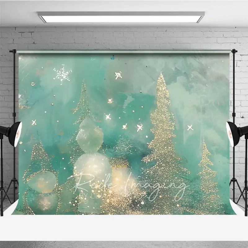 Aperturee Abstract Christmas Tree Photography Backdrop, Gold and Teal with Bokeh Lights, Modern Fine Art Holiday Decor, 3x2ft (WxH)