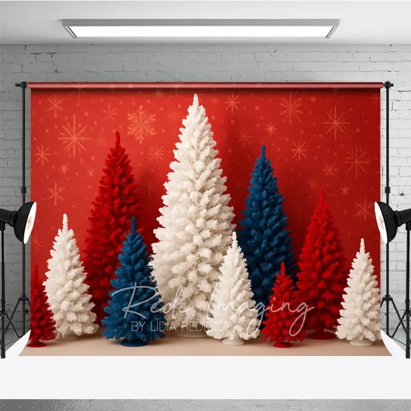 Aperturee Patriotic Christmas Photography Backdrop with Red, White and Blue Trees, American Holiday Party Decor, 3x2ft (WxH)