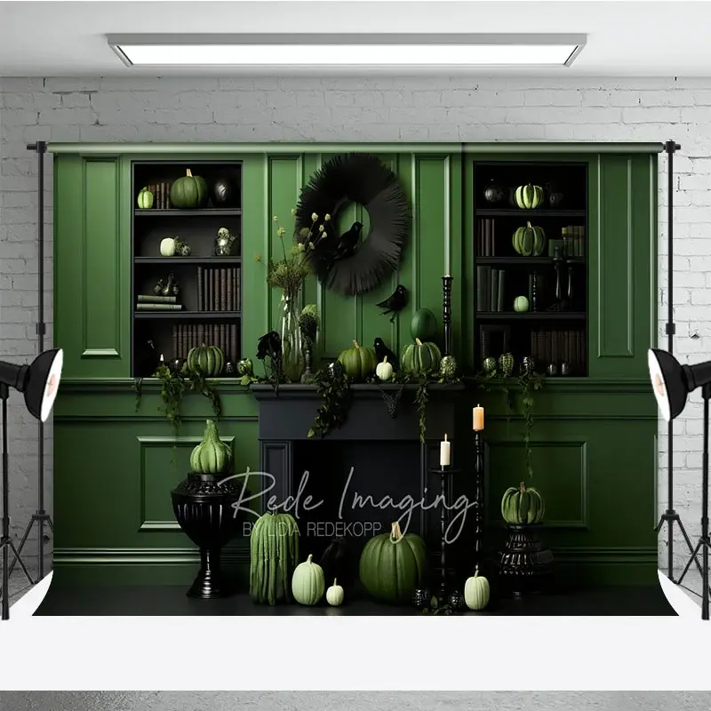Aperturee Green and Black Monochromatic Halloween Photography Backdrop, Elegant Fireplace with Pumpkins and Crows Decor, 3x2ft (WxH)